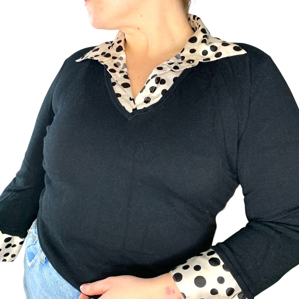 Fred David Polka Dot Y2K Collared Detail Knit Top Sweater Shirt XL Petite